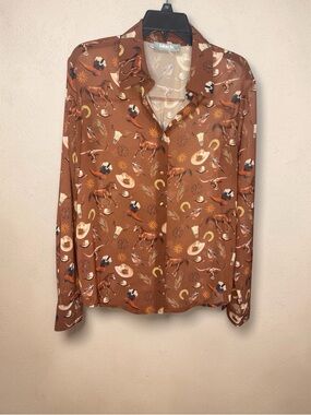 Brown Western-Print Button-Front Blouse